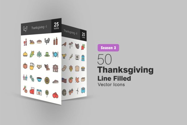 50枚感恩节颜色填充线性素材库精选图标素材 50 Thanksgiving Filled Line Icons