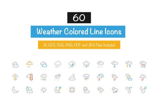 60个天气主题彩色线条图标集