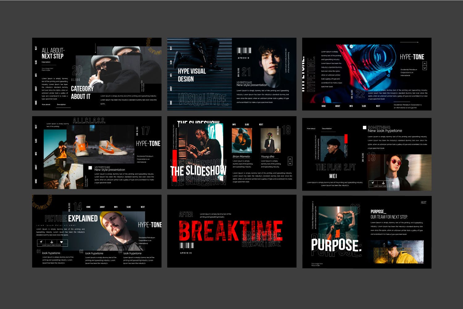 时尚潮流文化主题酷黑背景PPT幻灯片模板 Hypetone – Presentation插图(9)