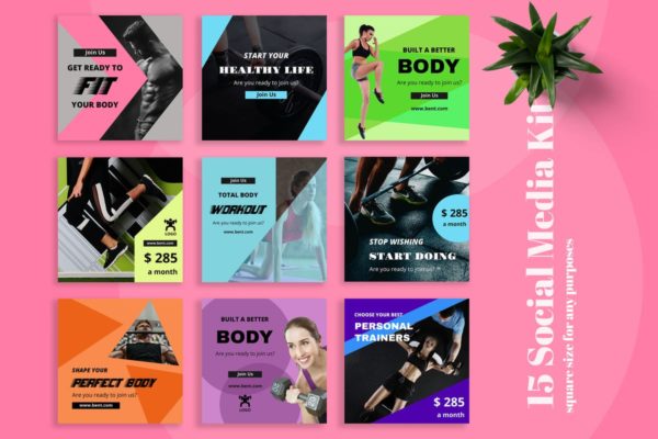 健身品牌社交媒体广告模板素材库精选合集 Bent – Gym Social Media Kit