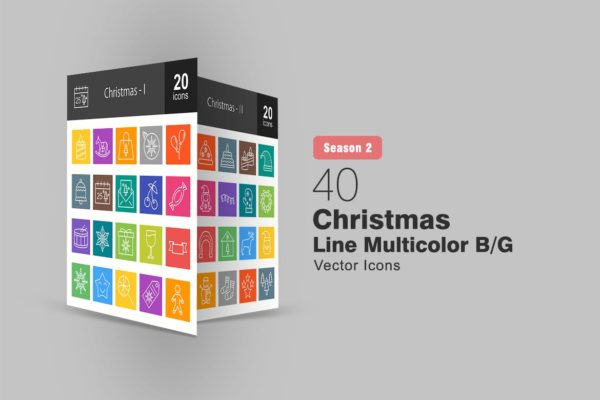 40枚圣诞节主题彩色矢量线性图标 40 Christmas Line Multicolor B/G Icons