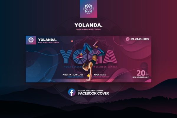 瑜伽&amp;健身俱乐部社交推广素材库精选广告模板 Yolanda-Yoga &amp; Wellness Facebook Cover Template