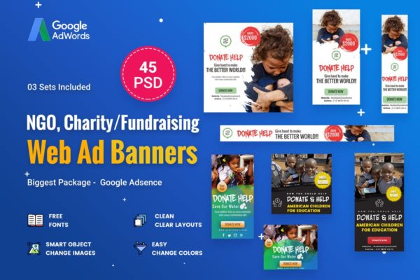 45个非盈利组织公益活动Banner素材库精选广告模板 NGO, Charity/Fundraising Banner Ads – 45 PSD