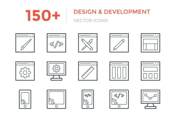 150+互联网技术开发＆软件设计极简线条图标 150+ Design and Development Icon