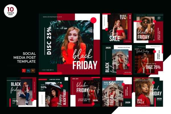 黑色星期五购物节主题社交媒体设计素材包 Black Friday Social Media Kit PSD &amp; AI