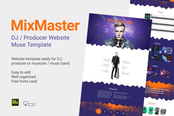 创意DJ/音乐制作人网站Muse模板素材库精选 MixMaster – DJ / Producer Website Muse Template
