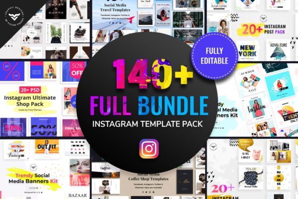 140+Instagram社交网站方形广告图设计PSD模板素材库精选 Instagram Post Templates Full Bundle