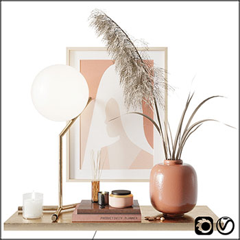 蒲苇草和花屏书籍等装饰套装素材之家精选3D模型