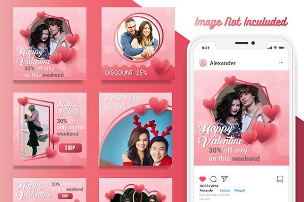 简约时尚爱情情人节Instagram社交媒体海报banner设计模板素材库精选