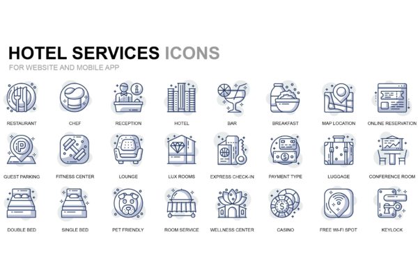 酒店服务主题线性图标矢量图标素材 Hotel Service Thin Line Icons