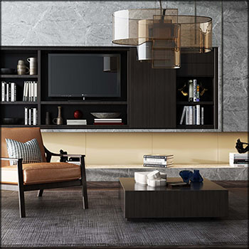 现代电视墙书柜茶几沙发扶手椅组合素材之家精选3D模型