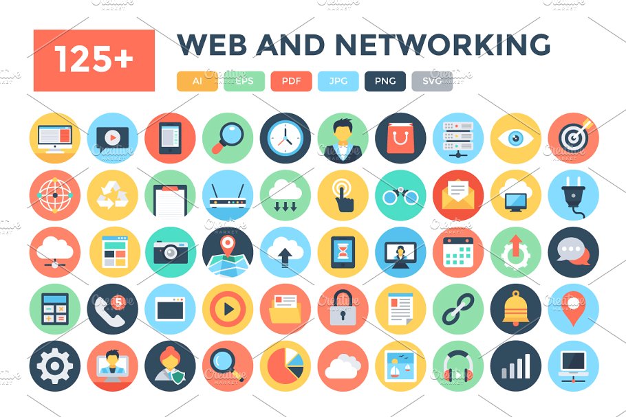 125+扁平网页和网络图标集 125+ Flat Web and Networking Icons插图