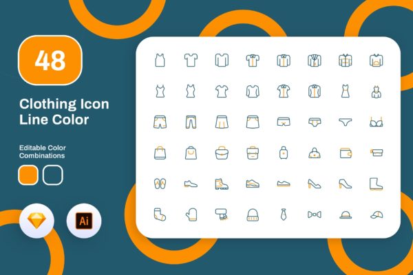 48枚服装主题彩色矢量线性素材库精选图标 Clothing Icon Line Color