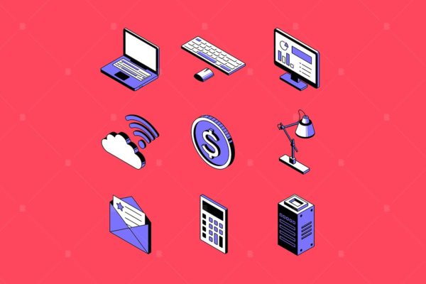 数字办公室主题矢量素材库精选图标 Digital office concept isometric icons set