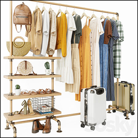 衣架上的衣服和鞋架上的鞋子行李箱素材之家精选3D模型