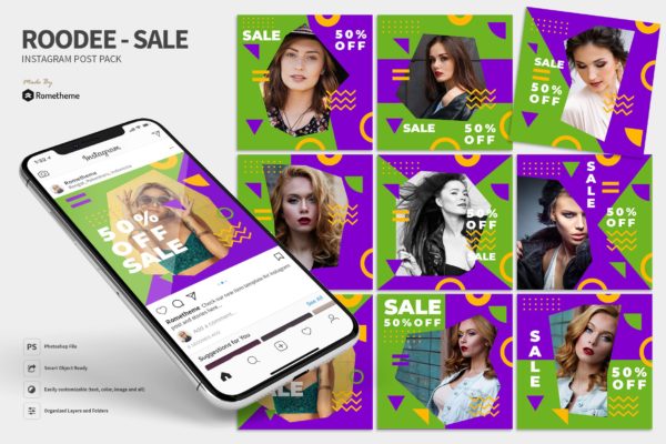Instagram社交不规则图形时尚广告设计模板素材库精选 Roodee – Modern Sale Instagram Post Pack MR
