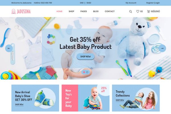 婴幼服饰玩具电商网站Bootstrap模板素材库精选 Jadusona – eCommerce Baby Shop Bootstrap4 Template