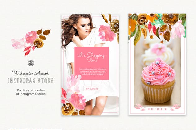 水彩设计风格Instagram故事贴图模板素材库精选 Watercolor Accent Instagram Story Templates插图(1)
