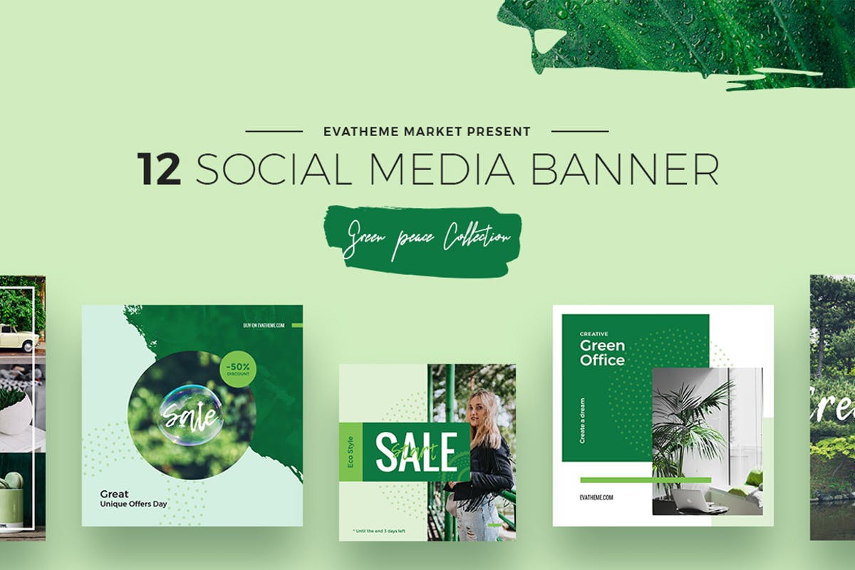 环保色社交媒体广告Banner设计模板 Green Peace Social Media Designs插图