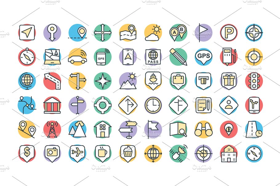 75个粗线条地图导航矢量彩色图标 75 Maps and Navigation Vector Icons插图(1)