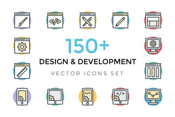 150+互联网开发＆设计专题彩色图标 150+ Design and Development Icons