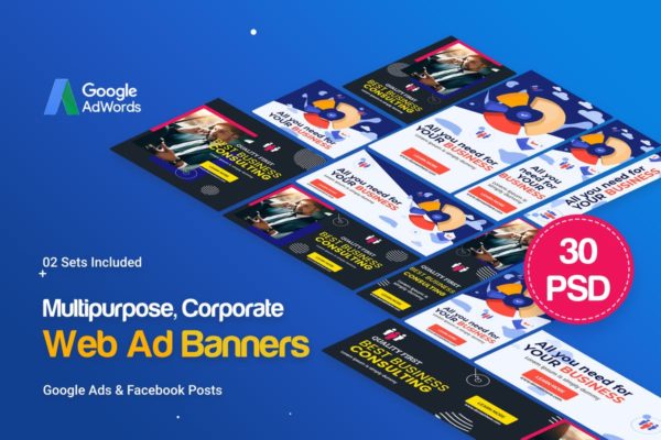 30个多用途多尺寸谷歌Banner素材库精选广告模板 Multipurpose, Business Banners Ad