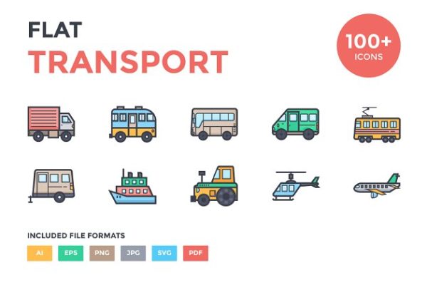 100+扁平化交通工具图标集 100+ Flat Transport Icons Set