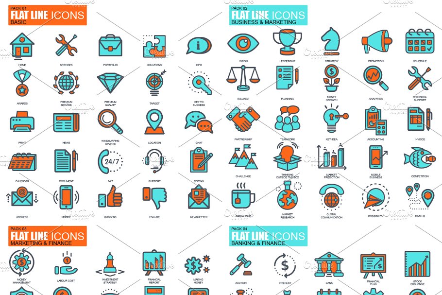 550枚扁平风格线条网站设计图标 Flat Line Web Icons插图(1)