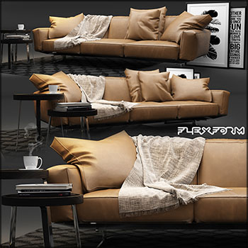 真皮三人座沙发和圆形茶几组合素材之家精选3D模型