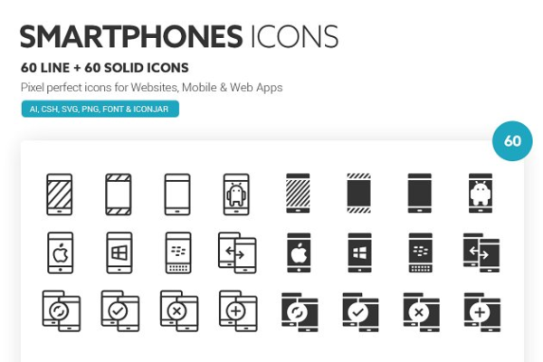 现代智能手机线型图标及实体图标 Smartphones Icons