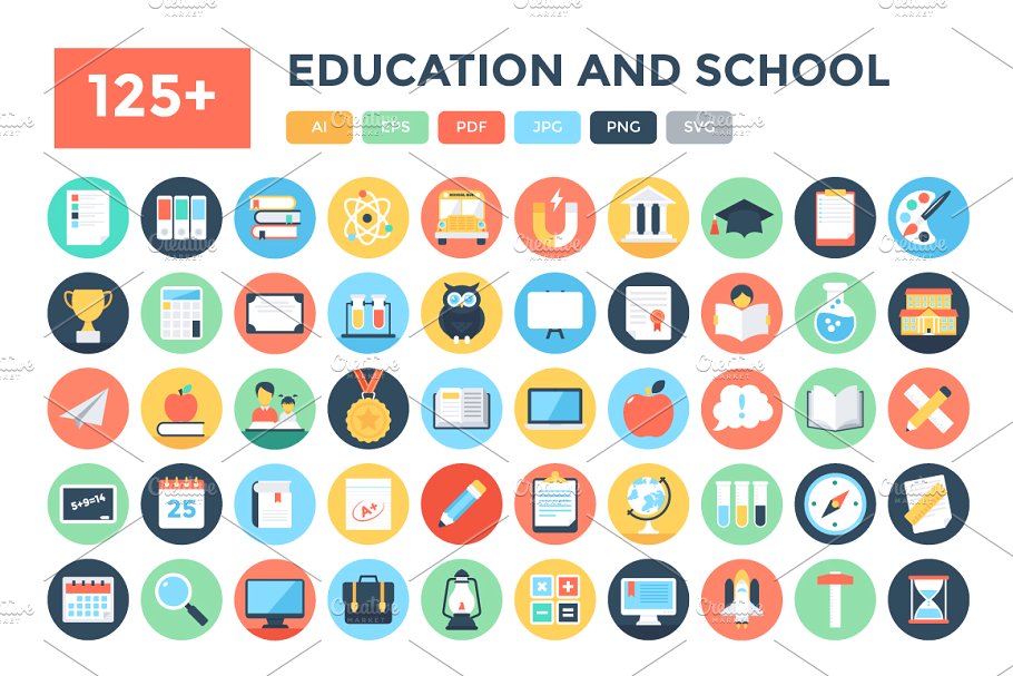 125+枚教育&学校主题图标 125+ Flat Education and School Icons插图