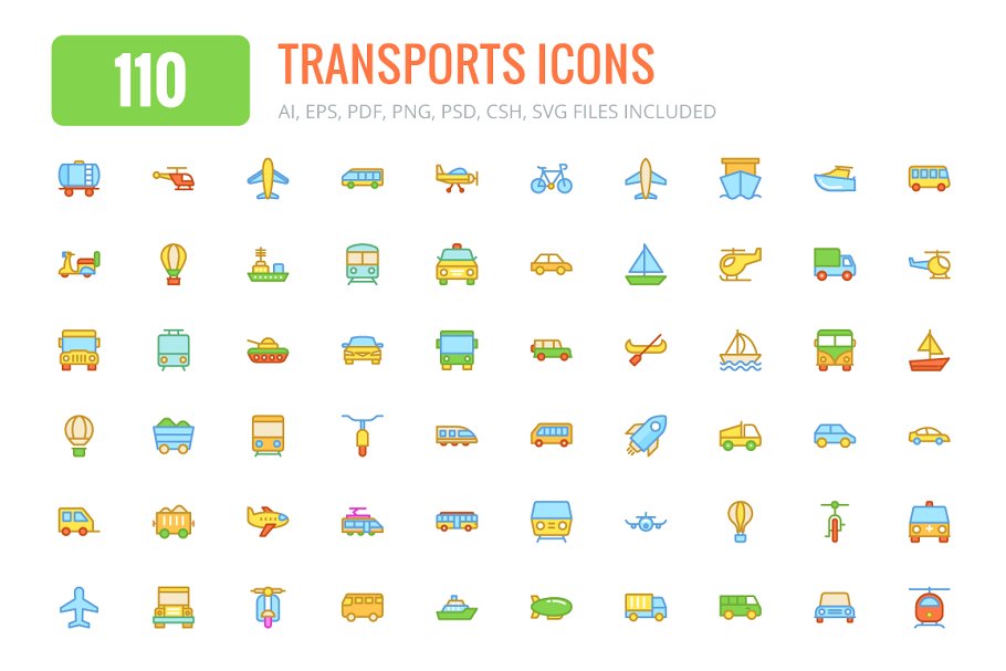 110个交通运输彩色图标和线条图标 110 Transports Colored & Line Icons插图