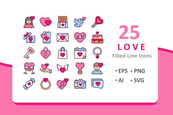 25枚爱情主题填充图标素材 25 Love Icons – Filled Line