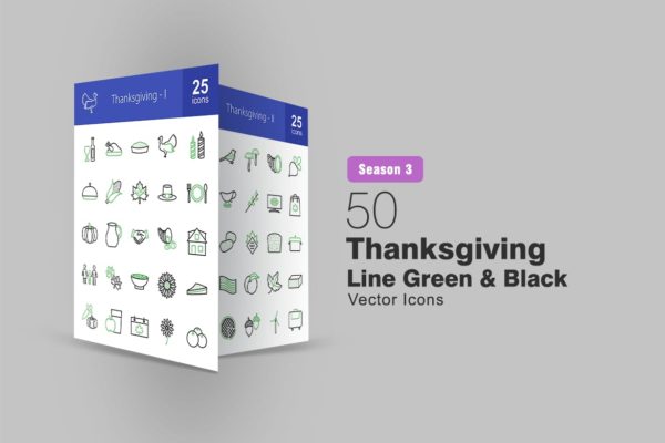 50枚感恩节主题绿黑配色矢量线性素材库精选图标 50 Thanksgiving Line Green &amp; Black Icons