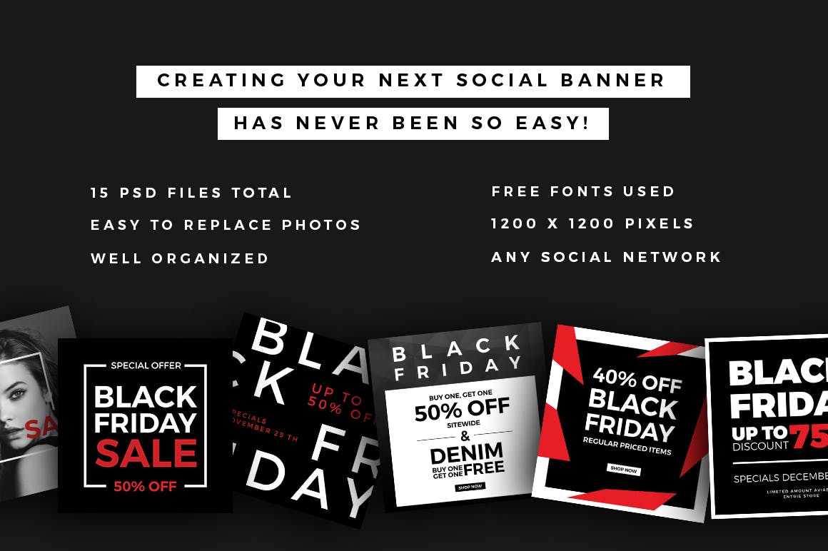 社交自媒体黑色星期五折扣活动广告Banner模板素材库精选v1 Black Friday Social Media Banners V1插图(1)