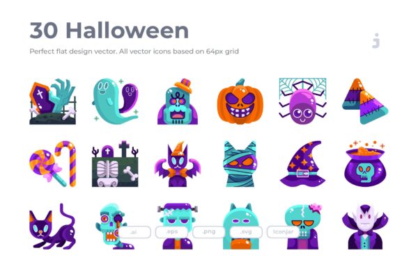 30枚扁平设计风格万圣节节日主题图标素材 30 Halloween Icons – Flat