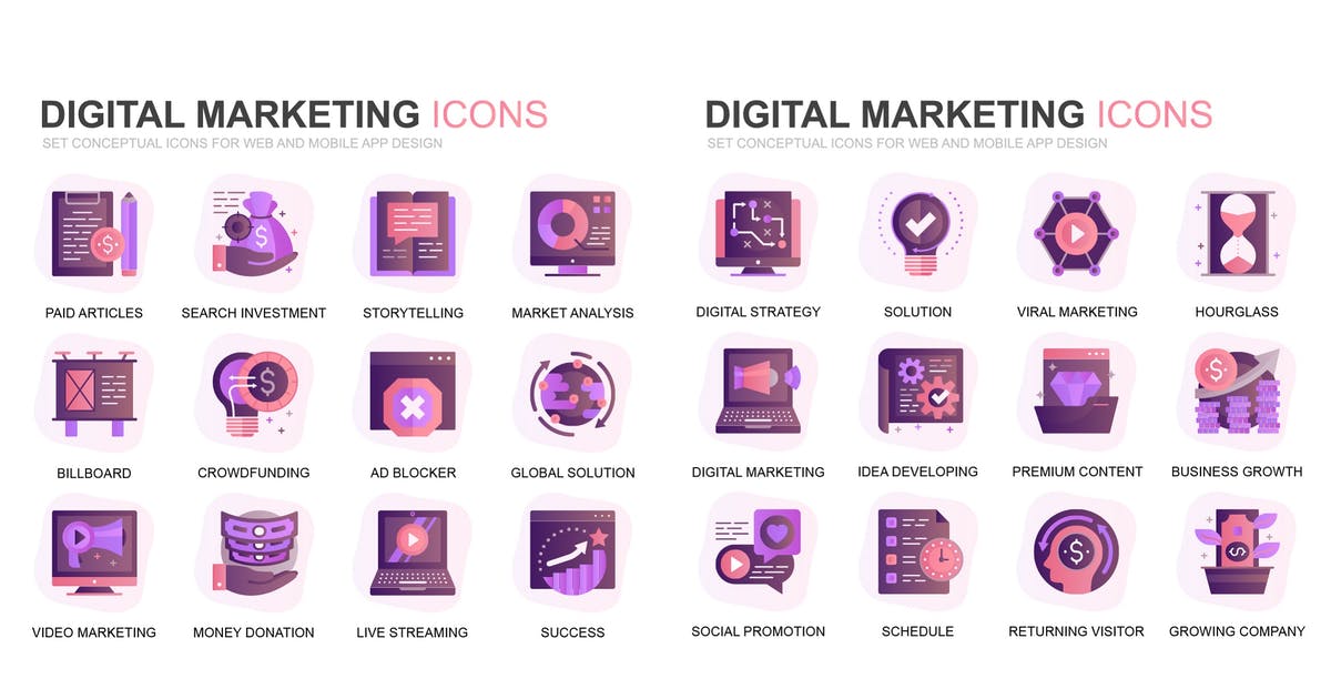 现代扁平化渐变设计风格互联网数字营销主题图标素材插图