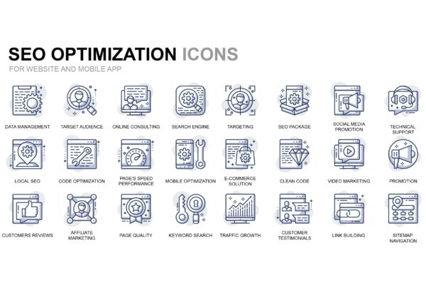 SEO网站优化主题细线线性图标素材 Seo and Web Optimization Thin Line Icons