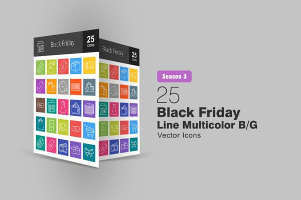 25枚黑色星期五黑白色矢量线性素材库精选图标 25 Black Friday Line Multicolor B/G Icons