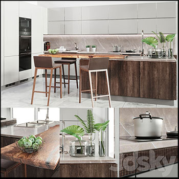 厨房橱柜和烤箱微波炉电磁炉等厨房用具3D整体模型