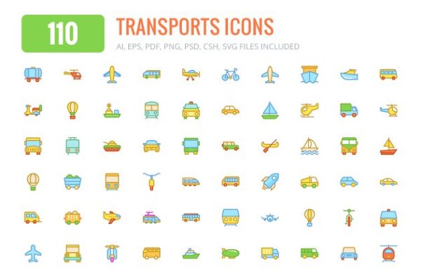 110个交通运输彩色图标和线条图标 110 Transports Colored & Line Icons