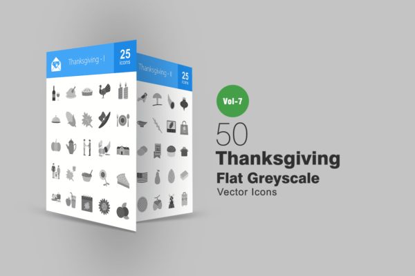 50个感恩节节日主题灰度图标设计素材 50 Thanksgiving Flat Greyscale Icons