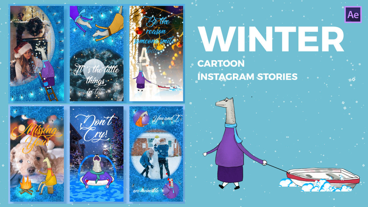 冬季卡通ins竖屏动画素材库精选AE模板