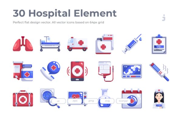 30枚扁平化设计风格医院医疗矢量图标 30 Hospital Element Icons – Flat