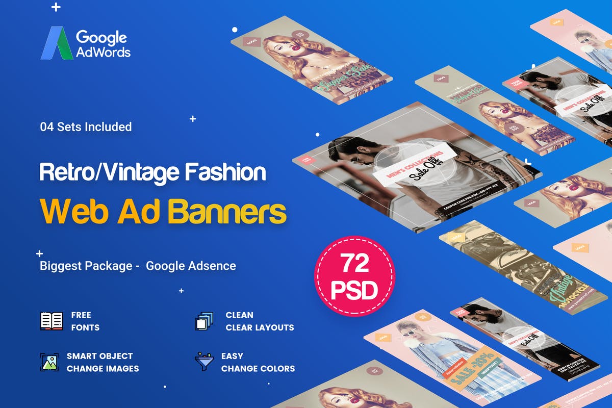 复古风格多用途商业广告Banner素材库精选广告模板 Multipurpose Retro/Vintage Banner Ads – 72 PSD插图