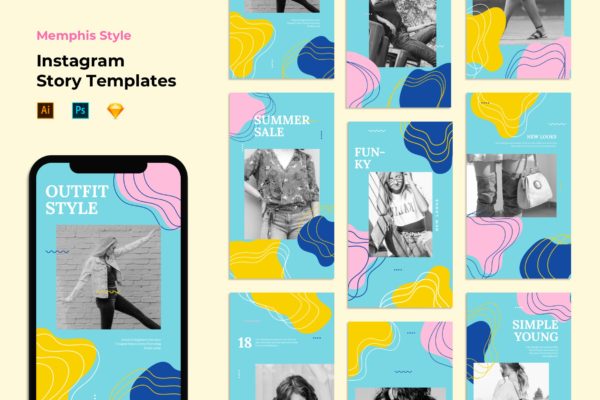 孟菲斯风格Instagram社交品牌故事宣传设计素材 Instagram Story Templates – Memphis Style