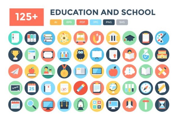 125+枚教育&amp;学校主题图标 125+ Flat Education and School Icons
