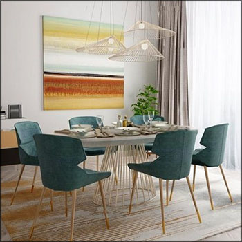 北欧餐厅餐桌椅餐具吊灯组合素材之家精选3D模型下载