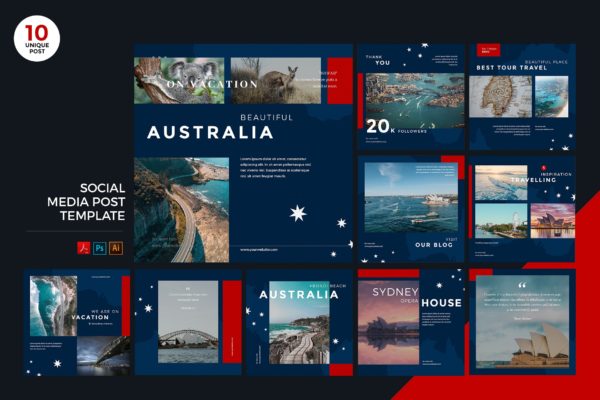 澳大利亚旅游推广社交媒体PSD&amp;AI模板素材库精选 Travel To Australia Social Media Kit PSD &amp; AI