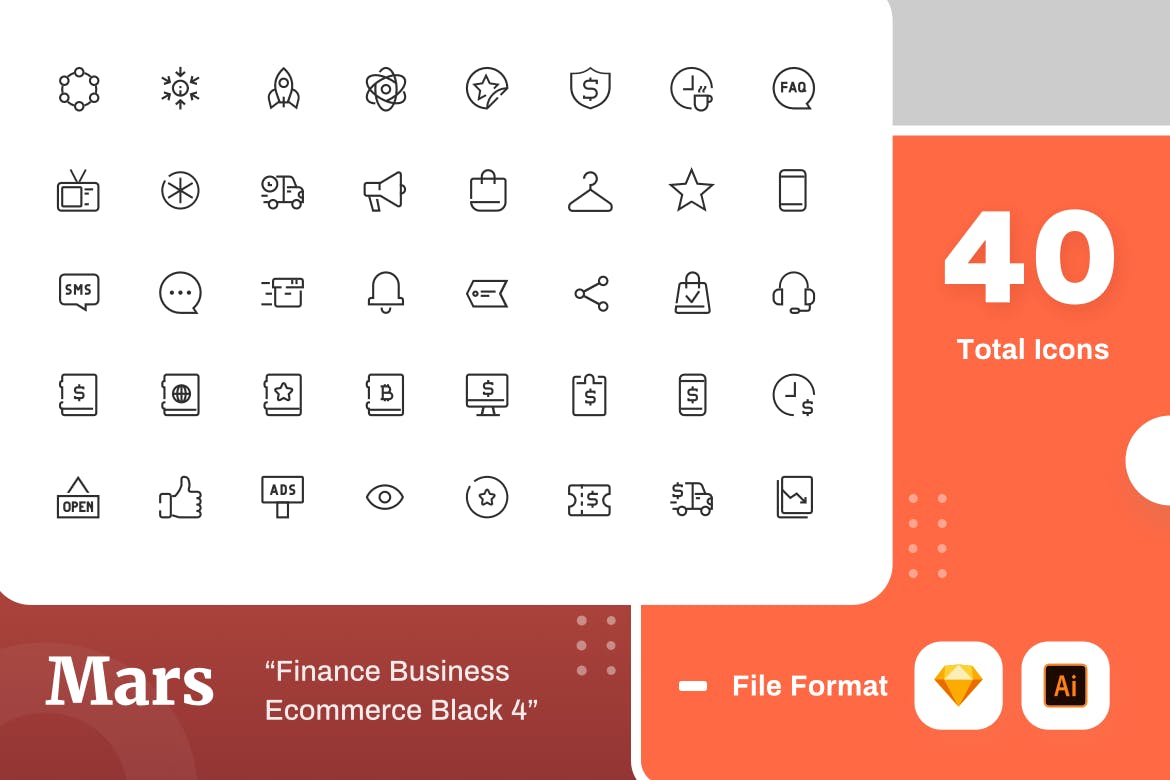 Mars系列-70枚互联网金融主题黑色矢量线性素材库精选图标素材包v4 Mars – Finance Business Ecommerce Black 4插图(1)